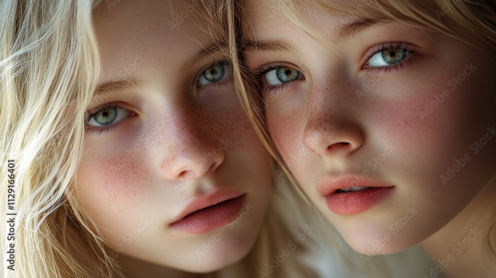 close-up portrait of two young individuals with striking blue eyes close-up portrait of two young individuals with striking blue eyes