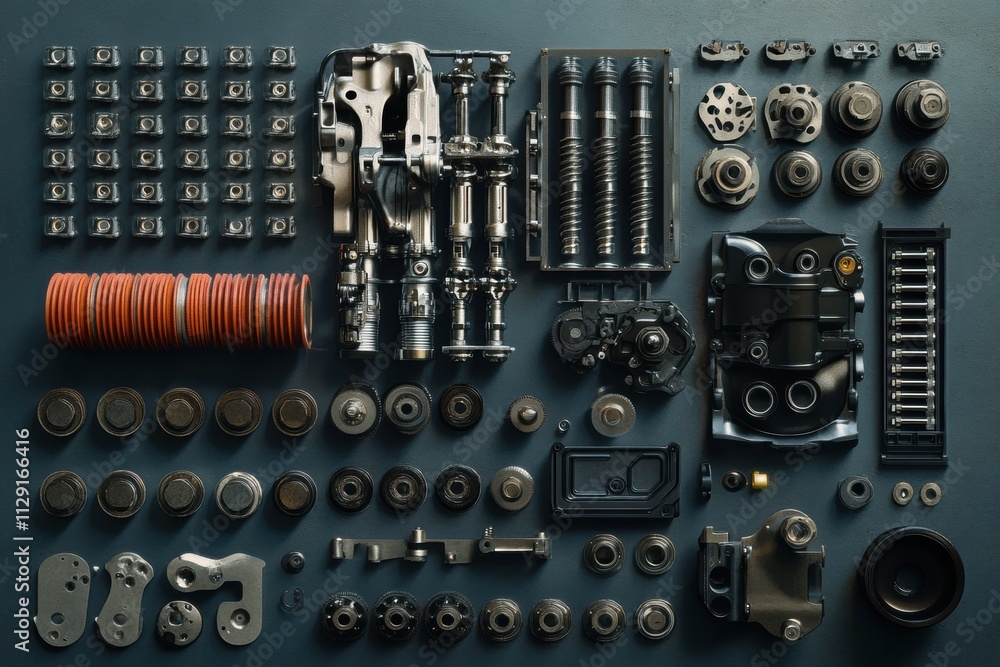 Numerous car engine components including pistons, gears, belts, and valves are neatly arranged on a dark surface, showcasing their intricate design. Generative AI Numerous car engine components including pistons, gears, belts, and valves are neatly arranged on a dark surface, showcasing their intricate design. Generative AI