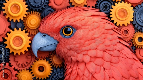 Red Parrot Among Gears: A vibrant red parrot's head is the focal point, surrounded by a mesmerizing array of colorful gears in a captivating close-up shot.  The image is rich in texture and detail. photo