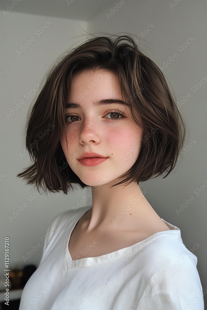 Portrait of a Young Woman with Freckles and Short Brown Hair Portrait of a Young Woman with Freckles and Short Brown Hair