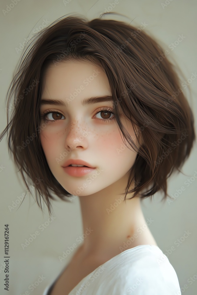 Fototapeta premium Portrait of a Young Woman with Brown Hair and Freckles