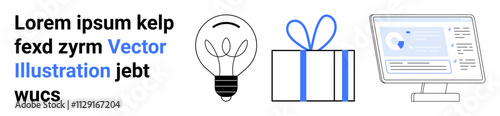 Lightbulb for ideas, gift box for rewards, computer screen for data on white background. Ideal for innovation, technology, e-commerce, online learning, creative process, digital marketing data