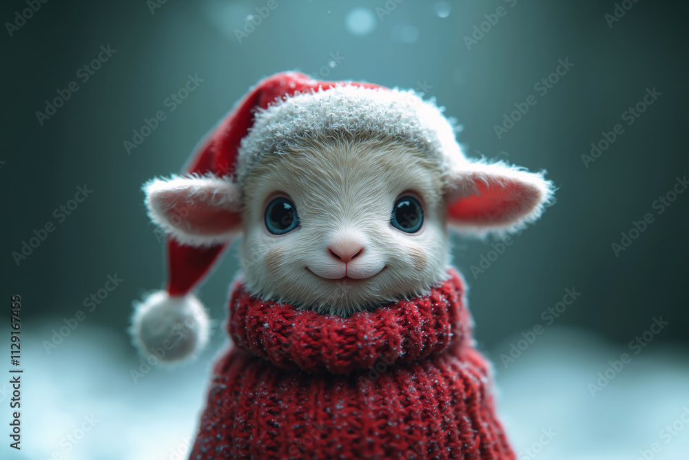 Close up of smiling baby lamb with big blue eyes in Santa hat and red sweater Close up of smiling baby lamb with big blue eyes in Santa hat and red sweater