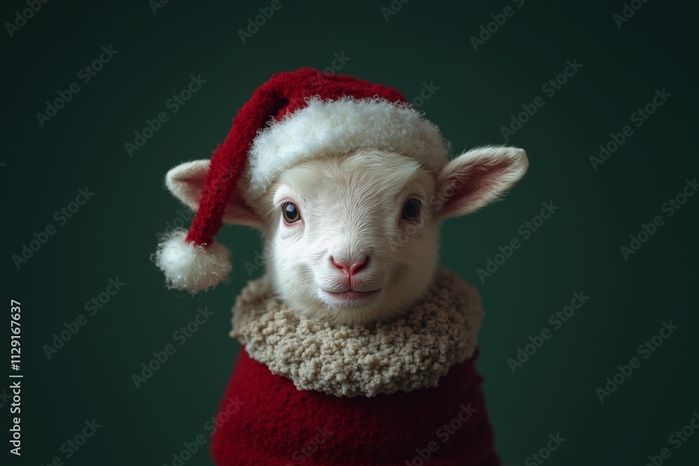 Close up portrait of a lamb in Santa hat on dark green background. For New year's day, Christmas Close up portrait of a lamb in Santa hat on dark green background. For New year's day, Christmas