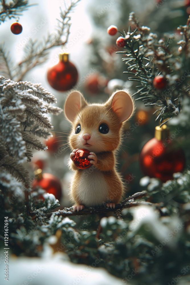 Little mouse holding red ornament sitting on a snowy Christmas tree. New Year's day, Christmas animal banner, poster, card. Little mouse holding red ornament sitting on a snowy Christmas tree. New Year's day, Christmas animal banner, poster, card.