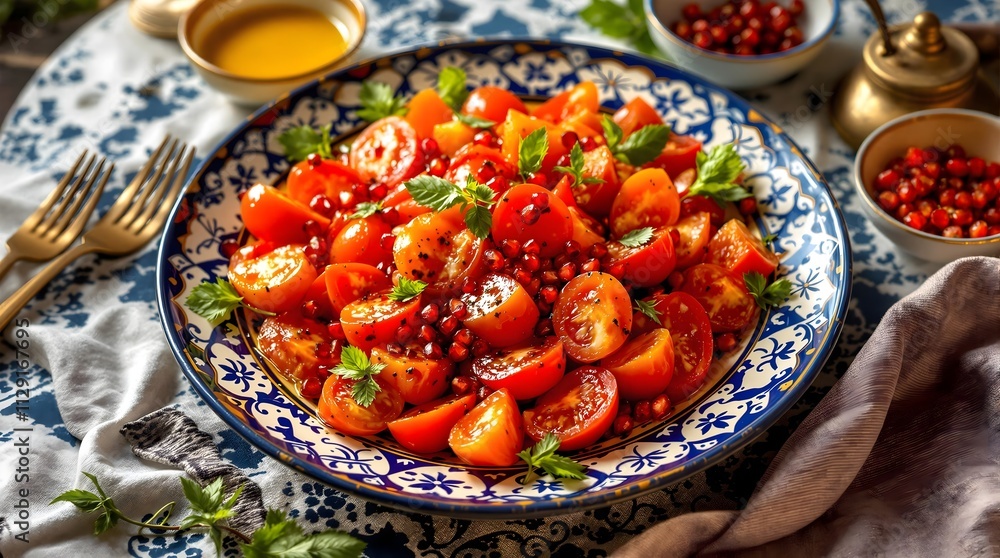 Achichuk Anor Salad with Fresh Pomegranate, Tomatoes, and Olive Oil Dressing (Tajikistan Cuisine) Achichuk Anor Salad with Fresh Pomegranate, Tomatoes, and Olive Oil Dressing (Tajikistan Cuisine)