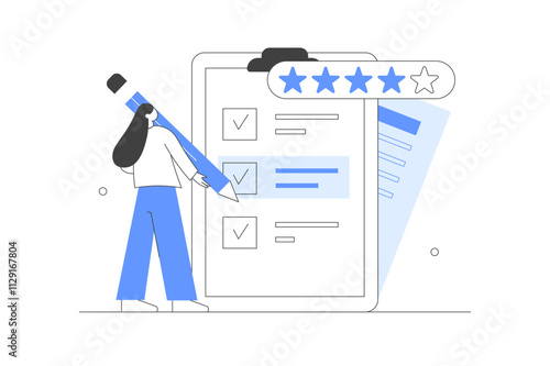 Character Filling Test Online in Customer Survey Form. Woman putting Check Mark on Checklist. Customer Experiences and Satisfaction Concept. Flat Cartoon Vector Illustration, icon. Stylish abstract