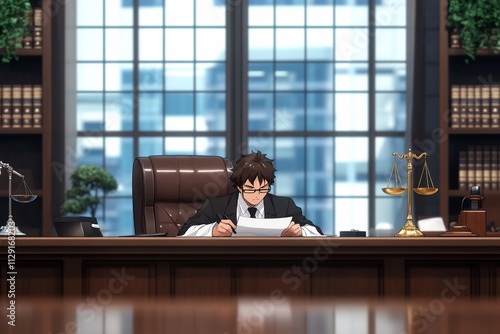 Lawyer reviewing documents at his desk in a law office. photo