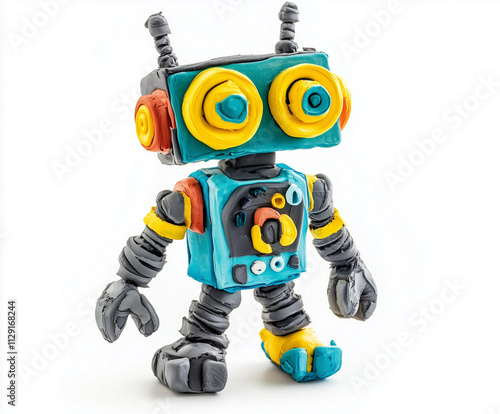 Robot molded from plasticine modeling clay isolated on white background