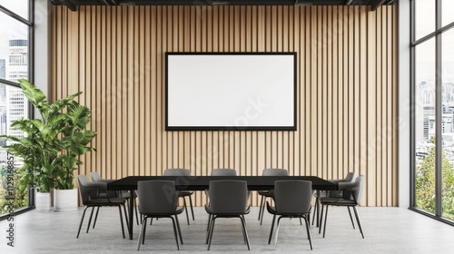 Modern conference room with wood wall, large table, and blank frame.