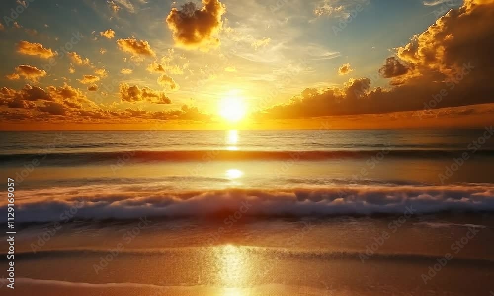 Serene sunset over ocean waves at a sandy beach.