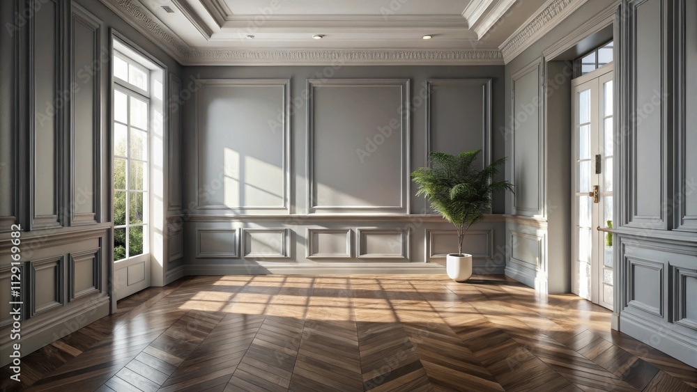 Sunlight streams through a large window onto the gleaming hardwood floors of an empty room with intricate moldings and a single potted plant