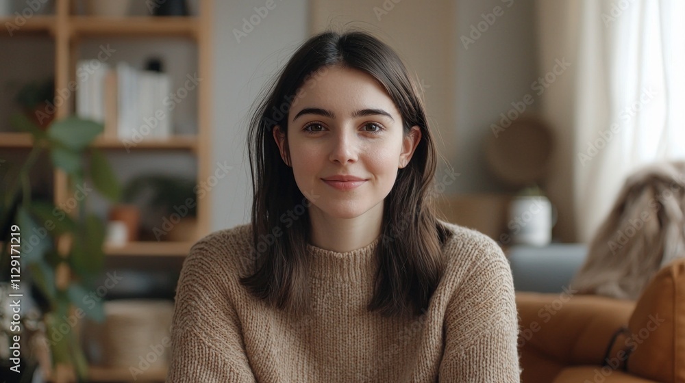 A cheerful young woman sits comfortably in her home, exuding warmth and positivity A cheerful young woman sits comfortably in her home, exuding warmth and positivity