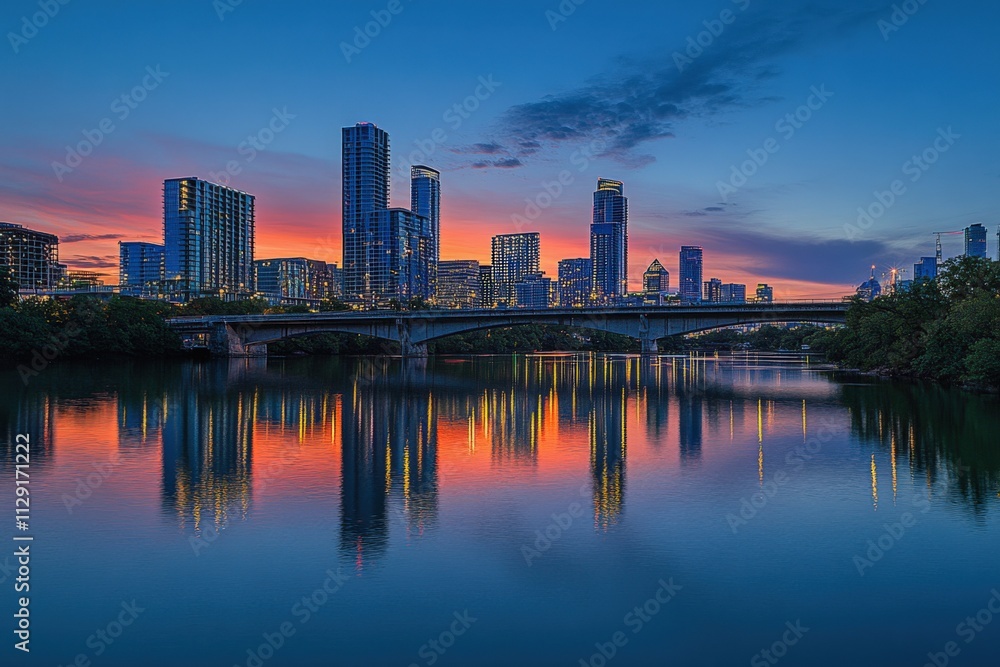 stunning city skyline at sunset with reflections on water stunning city skyline at sunset with reflections on water