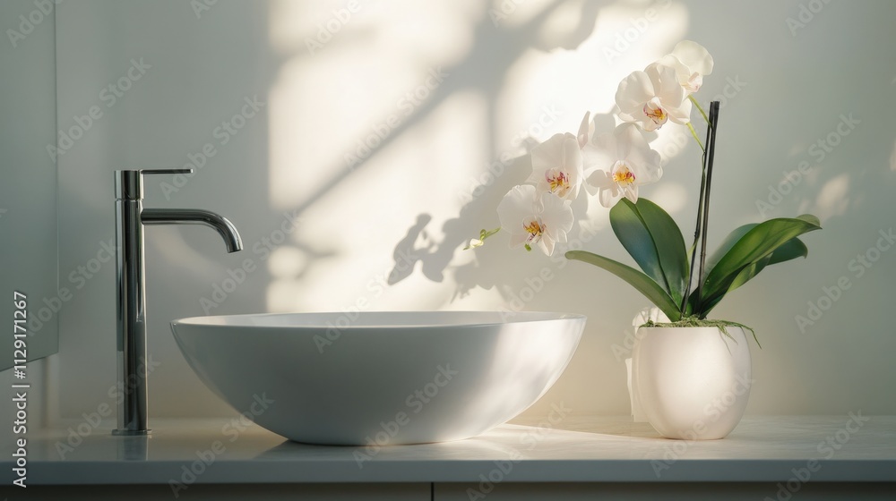 modern bathroom design with elegant sink and orchid plant modern bathroom design with elegant sink and orchid plant