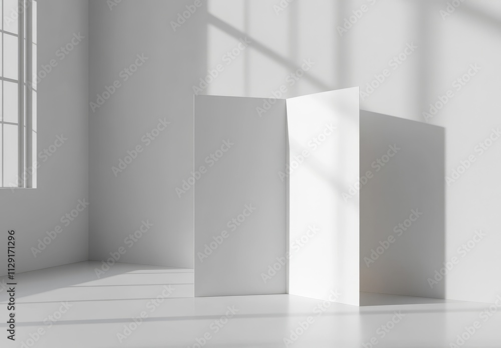 Trifold brochure mockup in minimalist white room with sunlight shadows. Trifold brochure mockup in minimalist white room with sunlight shadows.