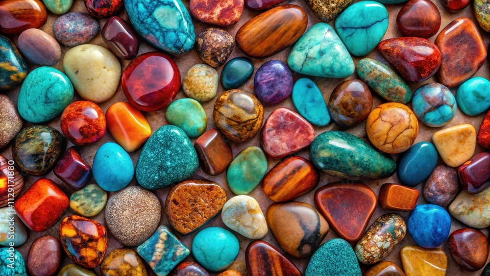 A collection of colorful polished stones with intricate patterns and textures, showcasing the beauty of nature's artistry. A collection of colorful polished stones with intricate patterns and textures, showcasing the beauty of nature's artistry.