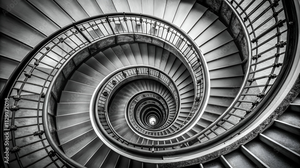 Fototapeta premium A spiral staircase with intricate railings, creating a dynamic and visually engaging architectural structure in monochrome tones.