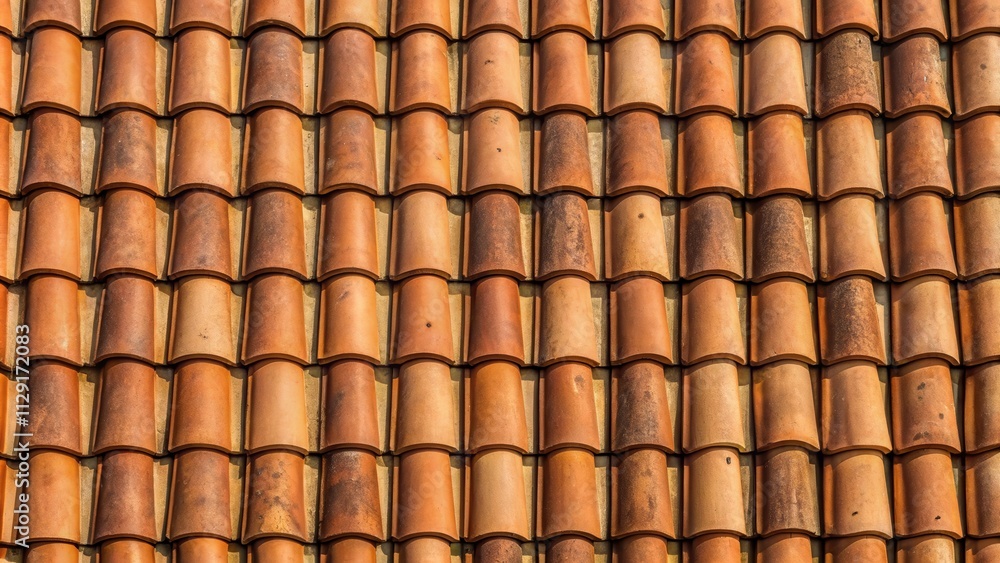 A weathered roof covered in a seamless pattern of terracotta tiles, creating a textured and rustic aesthetic. A weathered roof covered in a seamless pattern of terracotta tiles, creating a textured and rustic aesthetic.