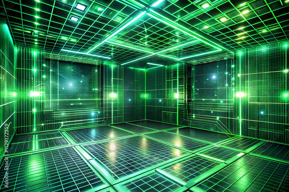 A futuristic digital room with glowing green lines and grids, creating a high-tech, sci-fi atmosphere. A futuristic digital room with glowing green lines and grids, creating a high-tech, sci-fi atmosphere.