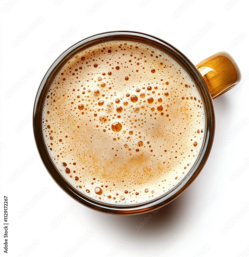 Close-Up View of Realistic Coffee Foam in a Brown Mug Against a White Background, Perfect for Illustrating Coffee Culture and Beverage Photography Close-Up View of Realistic Coffee Foam in a Brown Mug Against a White Background, Perfect for Illustrating Coffee Culture and Beverage Photography