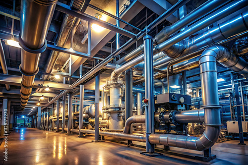 Industrial facility interior featuring intricate piping and machinery, illuminated by overhead lights in a sleek, modern environment.