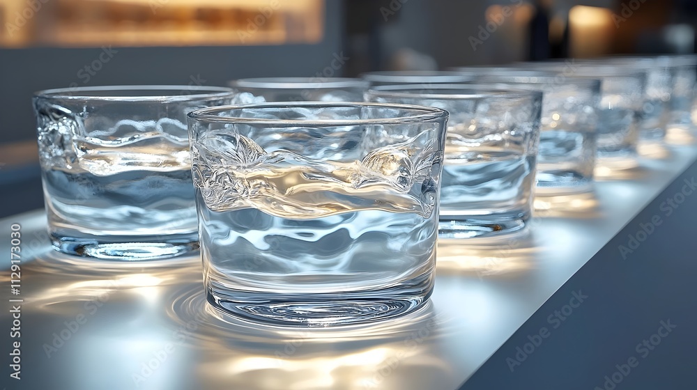 A row of clear glasses filled with water A row of clear glasses filled with water