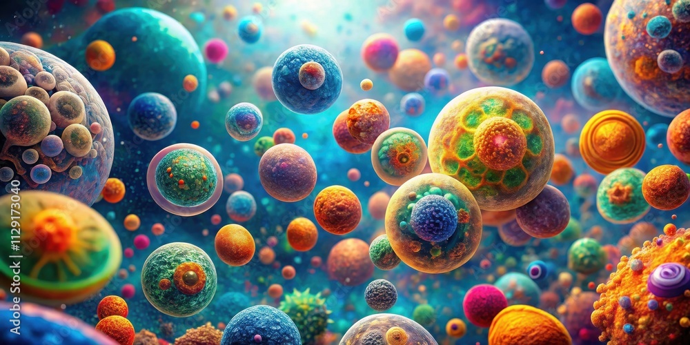 A vibrant and colorful abstract representation of a microscopic world, showcasing an array of intricate spheres and geometric shapes in a dynamic composition. A vibrant and colorful abstract representation of a microscopic world, showcasing an array of intricate spheres and geometric shapes in a dynamic composition.