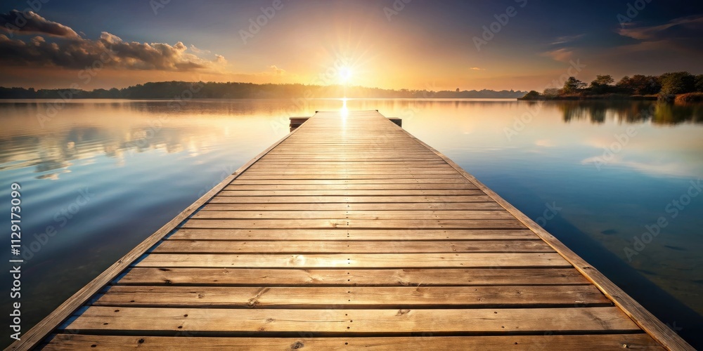 Fototapeta premium A wooden dock extends into a serene lake with a breathtaking sunset over the water, showcasing the beauty of nature's tranquil moments.
