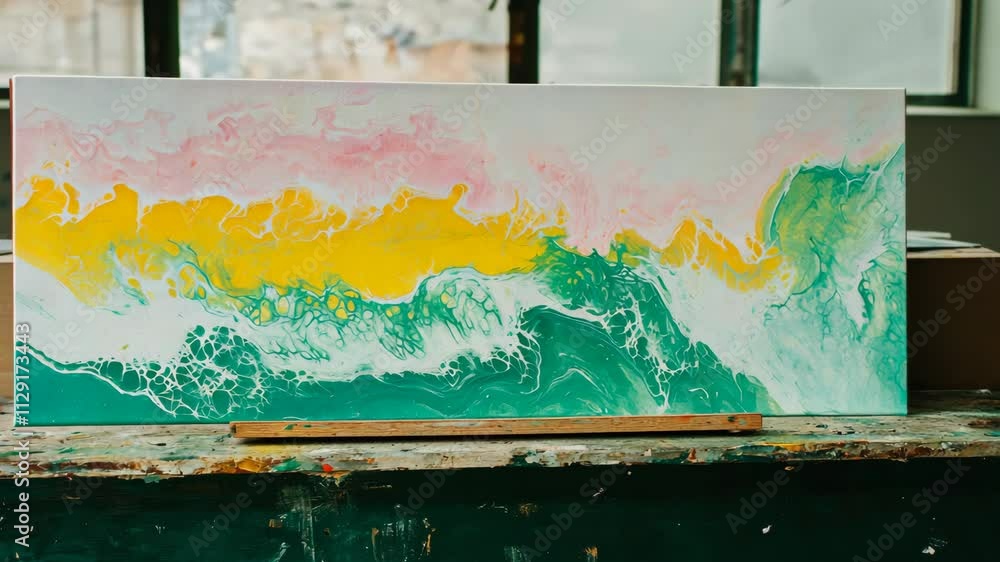 Colorful abstract painting on display in an artist's studio during daylight hours