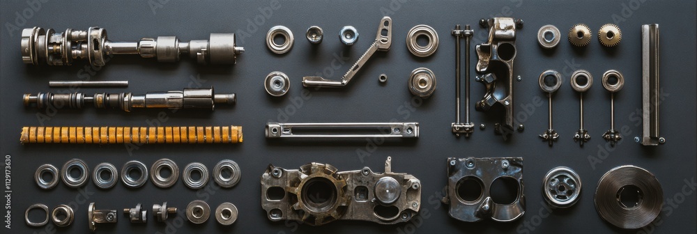 Detailed arrangement of car engine parts including pistons, gears, and valves on a dark surface, offering ample copy space for informative text. Generative AI Detailed arrangement of car engine parts including pistons, gears, and valves on a dark surface, offering ample copy space for informative text. Generative AI