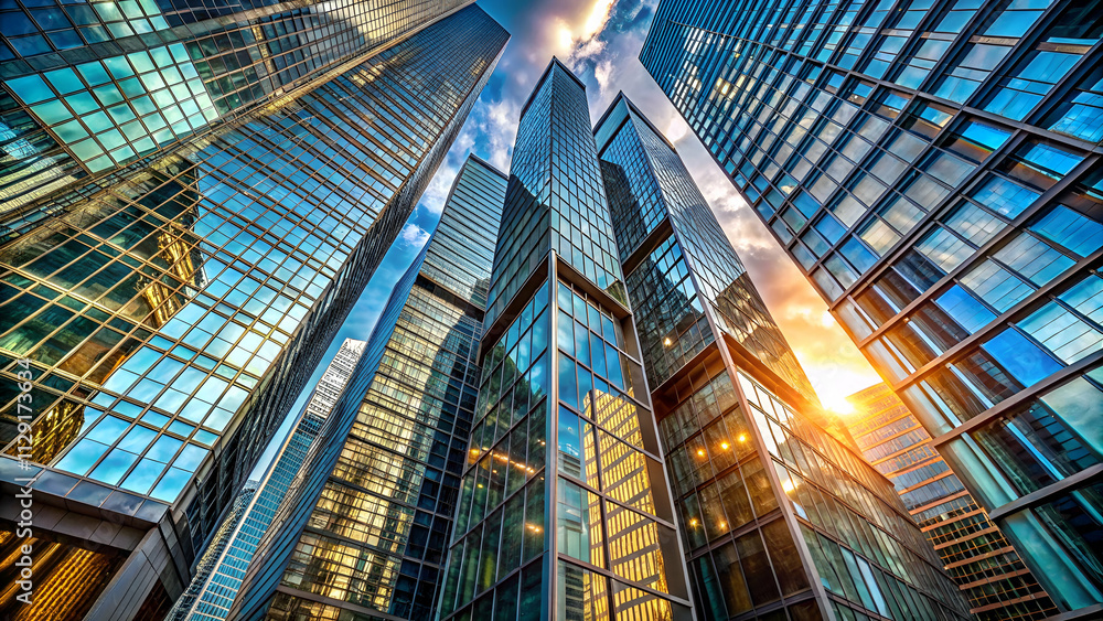 Fototapeta premium Modern skyscrapers reflect sunlight in a vibrant urban setting, showcasing glass facades and dynamic architecture against a dramatic sky.