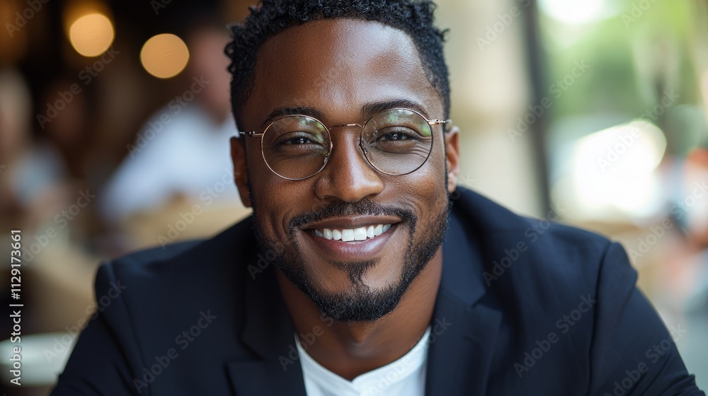 In a vibrant cafe filled with warm light, a black man with short hair and glasses shares a genuine smile. His stylish attire adds to the inviting atmosphere of the bustling space In a vibrant cafe filled with warm light, a black man with short hair and glasses shares a genuine smile. His stylish attire adds to the inviting atmosphere of the bustling space