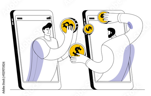 Characters exchange bitcoins for dollars via phone. Vector illustration on the topic of online cryptocurrency exchange. Cartoon funny doodle style.