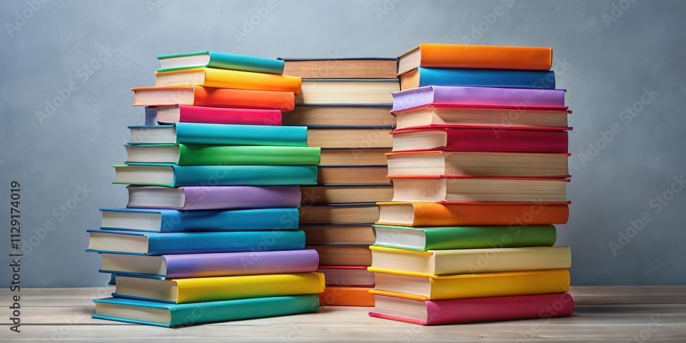 A colorful stack of books arranged in a gradient formation, depicting a vibrant library of knowledge. A colorful stack of books arranged in a gradient formation, depicting a vibrant library of knowledge.