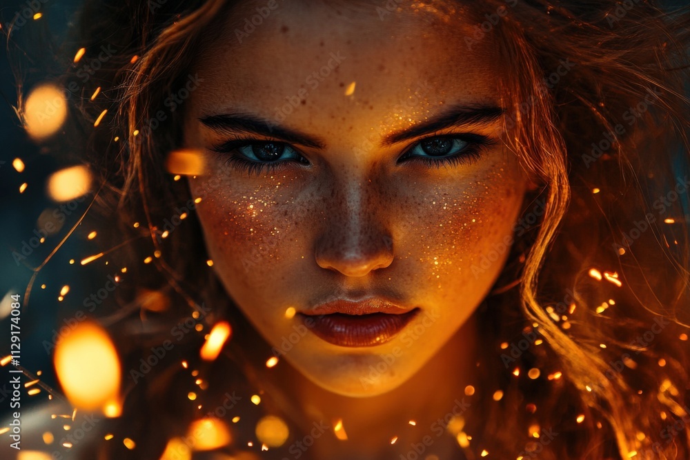 intense portrait of a woman with glowing skin and sparks intense portrait of a woman with glowing skin and sparks