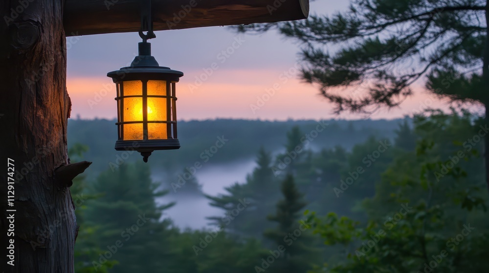 glowing lantern hanging from a rustic wooden post, illuminating the surrounding misty forest at twilight glowing lantern hanging from a rustic wooden post, illuminating the surrounding misty forest at twilight