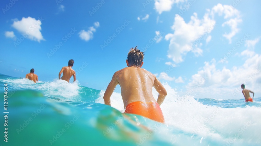 Young surfers paddling towards waves on sunny beach. Young surfers paddling towards waves on sunny beach.