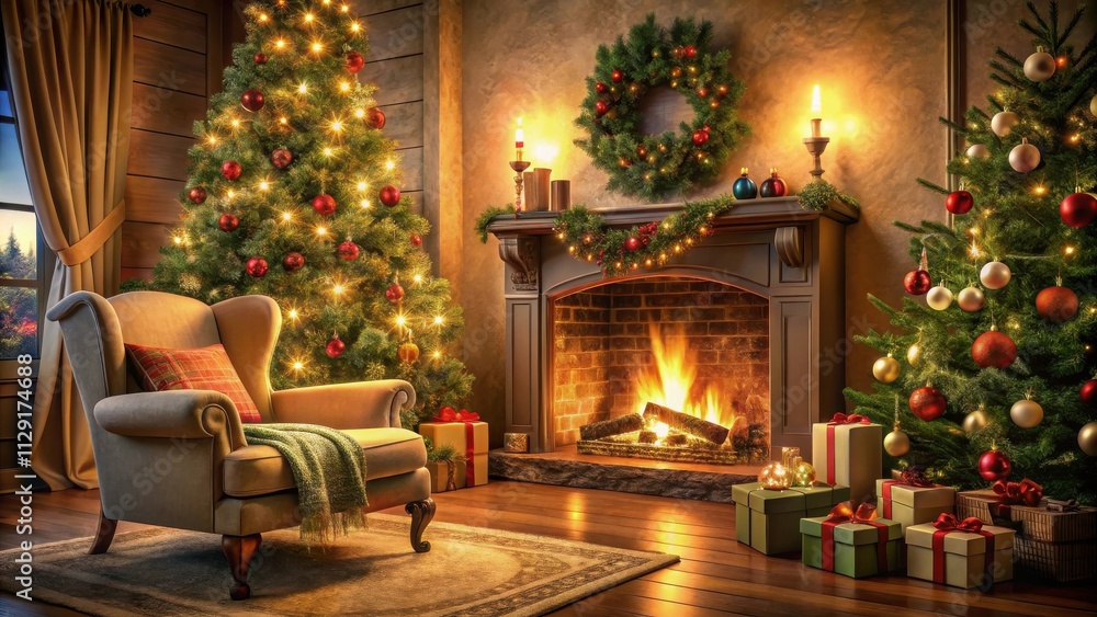 A Cozy Christmas Evening with a crackling fireplace, adorned Christmas trees, and a comfy armchair inviting relaxation. A Cozy Christmas Evening with a crackling fireplace, adorned Christmas trees, and a comfy armchair inviting relaxation.