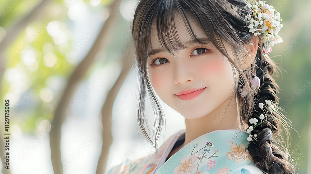 young Asian woman’s serene and happy face, dressed in a spring-inspired New Year kimono. soft smile and peaceful expression capture the joy of the season young Asian woman’s serene and happy face, dressed in a spring-inspired New Year kimono. soft smile and peaceful expression capture the joy of the season