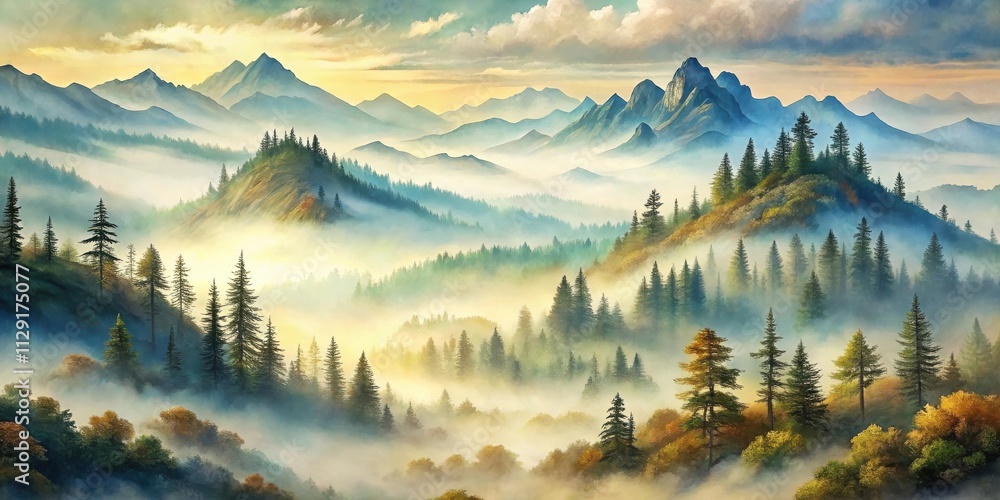 A Serene Mountain Landscape Bathed in Mist and the Warm Glow of a Rising Sun A Serene Mountain Landscape Bathed in Mist and the Warm Glow of a Rising Sun