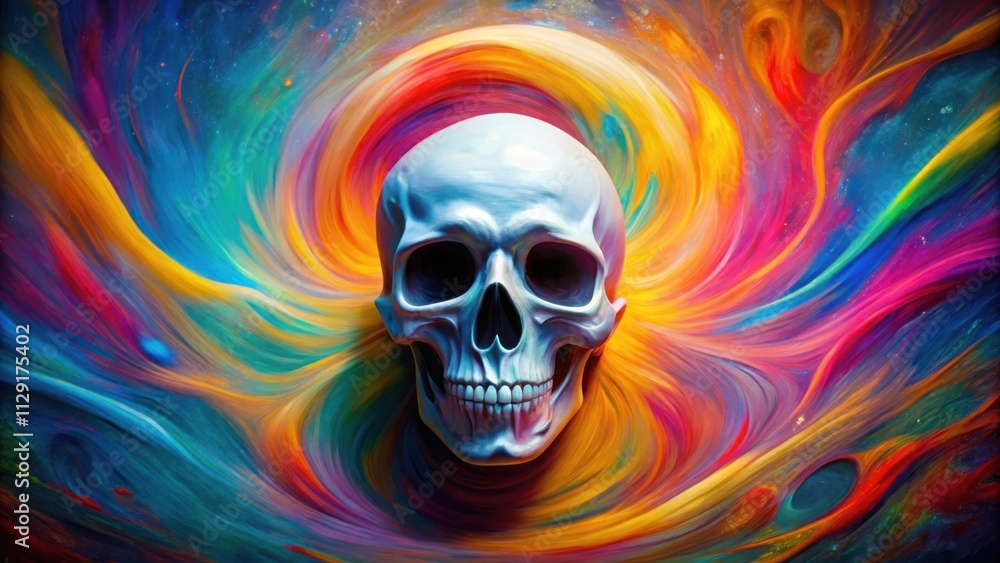 A white skull rests at the center of a vibrant swirling galaxy of color, representing the duality of life and death A white skull rests at the center of a vibrant swirling galaxy of color, representing the duality of life and death
