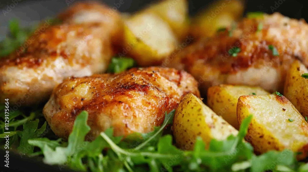 delicious roasted chicken with golden potatoes and fresh greens delicious roasted chicken with golden potatoes and fresh greens
