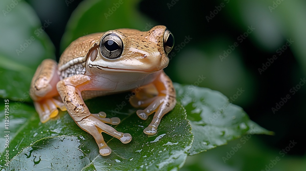 Obraz premium A Vibrant Close Up of a Curious Tree Frog Perched on a Lush Green Leaf with Minimalist Backdrop