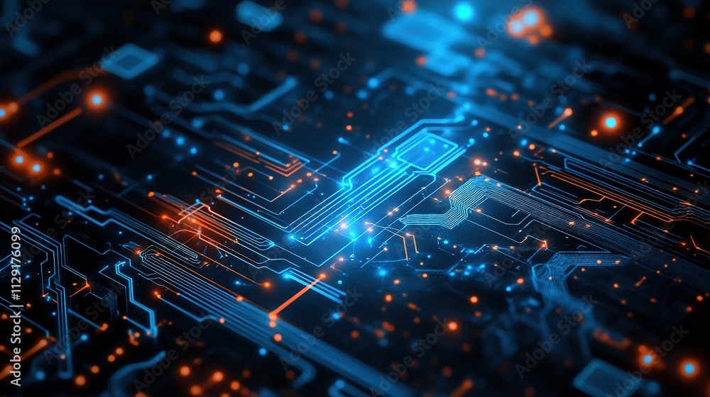 A vibrant circuit board design with glowing lines and nodes, showcasing advanced technology and digital connections. A vibrant circuit board design with glowing lines and nodes, showcasing advanced technology and digital connections.