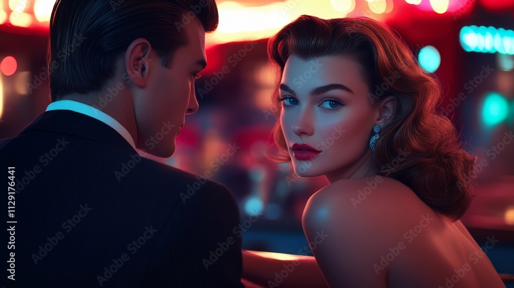 A strikingly glamorous woman in evening attire glances back over her shoulder in an elegant, dimly lit setting, accompanied by a gentleman in similar evening attire. A strikingly glamorous woman in evening attire glances back over her shoulder in an elegant, dimly lit setting, accompanied by a gentleman in similar evening attire.