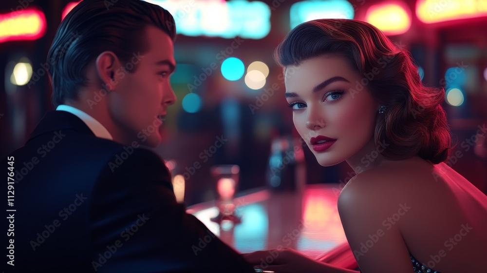 An elegantly dressed couple in a stylish evening setting, with ambient lighting creating an aura of glamour, sophistication, and high fashion chicness. An elegantly dressed couple in a stylish evening setting, with ambient lighting creating an aura of glamour, sophistication, and high fashion chicness.