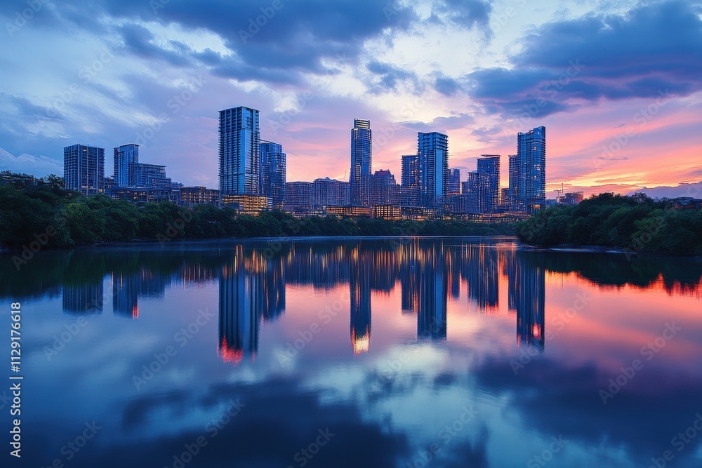 city skyline reflection at sunset over water city skyline reflection at sunset over water