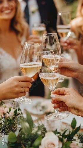 Celebratory toast with glasses of sparkling champagne at an elegant outdoor wedding, capturing the joyful essence of love, friendship, and shared happiness on a perfect day. photo