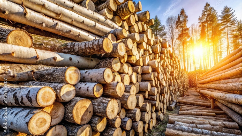 A towering stack of wooden logs in a forest setting, bathed in the warm glow of a setting sun. A towering stack of wooden logs in a forest setting, bathed in the warm glow of a setting sun.